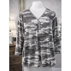 Belle by Kim Gravel Popover 1/2 Zip Top White Gray Camo Cotton Modal Knit Size L